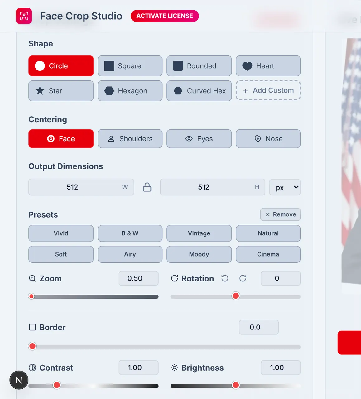 Crop Settings centering buttons for Face, Shoulders, Eyes, and Nose.