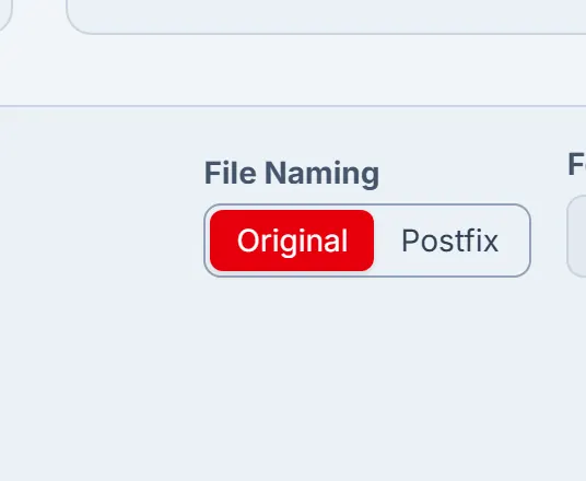 ZIP file naming controls for Original versus Postfix in the results toolbar.