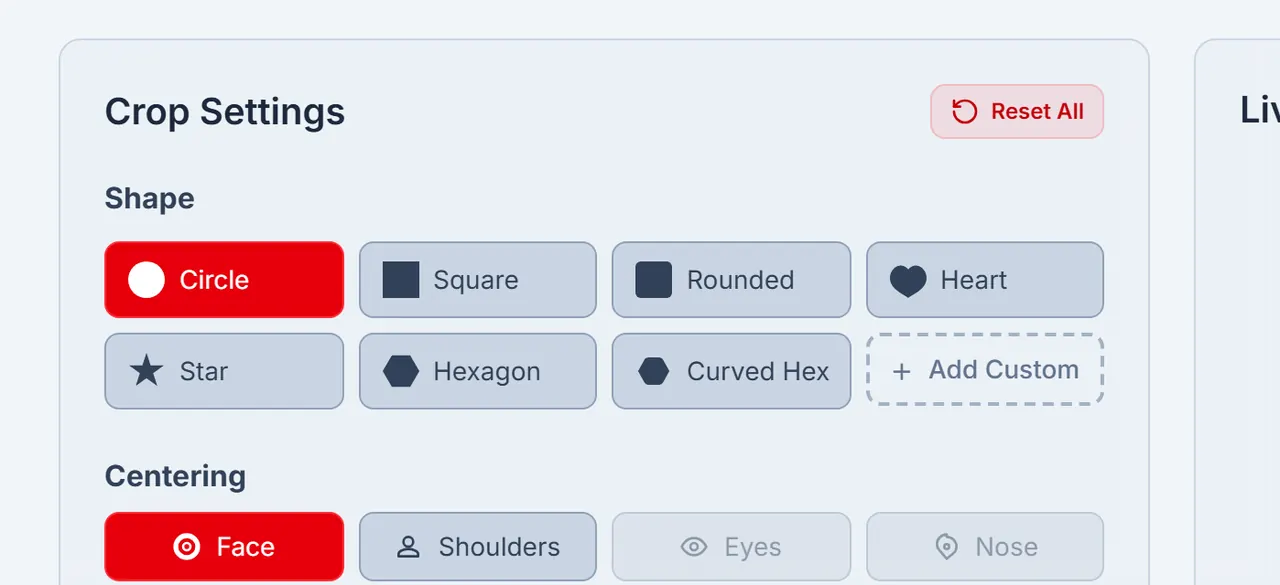 Shape selector in Crop Settings with predefined and custom shape options.