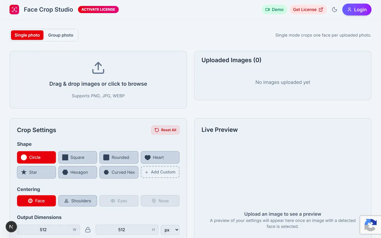 Face Crop Studio /app studio with header and main column.