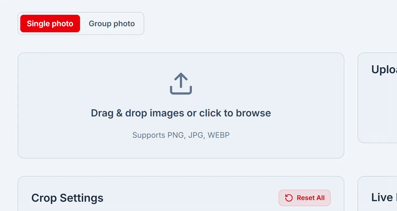 Face Crop Studio upload dropzone on /app — drag-and-drop card under the header for batch portraits.